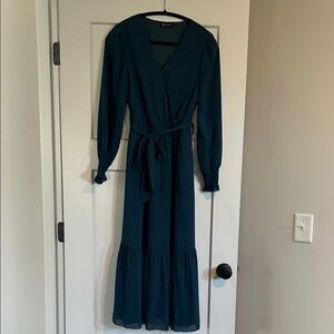 Teal Long Sleeve Dress with Waist Tie